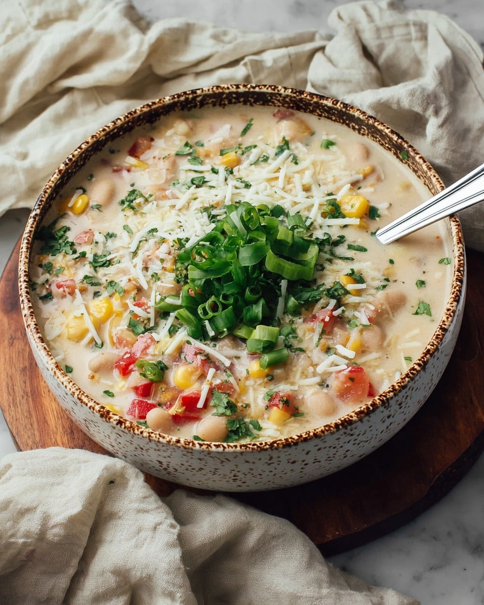 A rustic bowl filled with creamy white soup that has small pieces of light beige beans, yellow corn, and red tomato chunks mixed inside. On top, there is a bright green pile of chopped spring onions and parsley, with a sprinkling of shredded white cheese. A silver spoon rests inside the bowl, which sits on a wooden board surrounded by crumpled light beige cloth, all placed on a white marbled texture. The bowl has a speckled brown and white outer rim, showing a worn, vintage look. Photo taken with an iphone --ar 4:5 --v 7