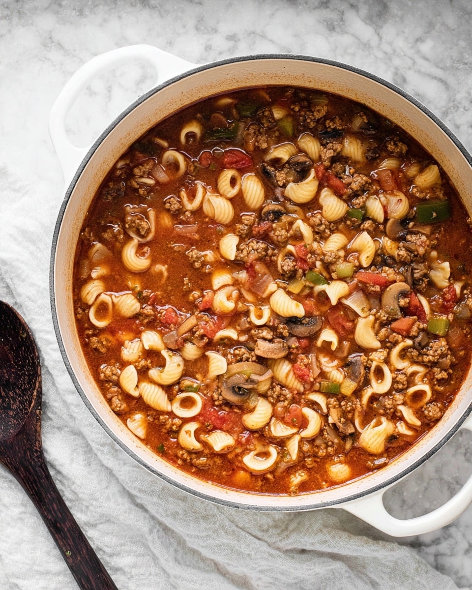 A white pot filled with thick soup showing a mix of small pasta shells, ground meat, diced tomatoes, chunks of mushrooms, and small pieces of green and red vegetables in a rich, reddish-brown broth. The soup layers blend with chunky and smooth textures, with round pasta shells scattered evenly. The pot sits on a white marbled surface with a white cloth underneath, next to a dark wooden spoon. photo taken with an iphone --ar 4:5 --v 7