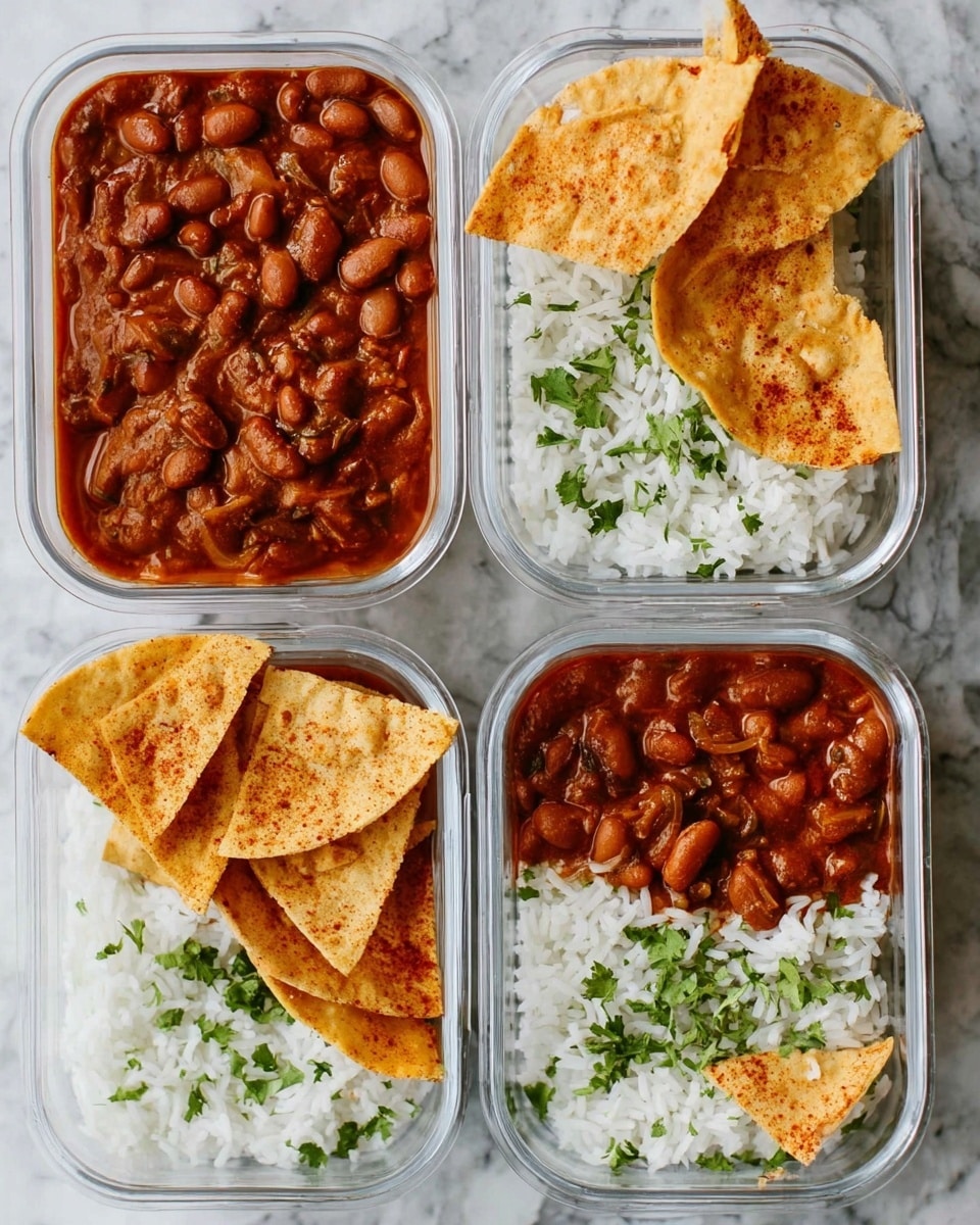 Four clear meal prep containers sit on a white marbled surface, each divided into three sections. The largest section in each container holds a rich reddish-brown bean stew with visible beans and some shredded pieces, giving it a thick texture. One smaller section contains white rice topped with scattered green herb pieces. The third section holds several folded, crisp, golden-brown papadums with a light coating of reddish spices. Small green herb bits are sprinkled both on the rice and around the containers on the surface. photo taken with an iphone --ar 4:5 --v 7
