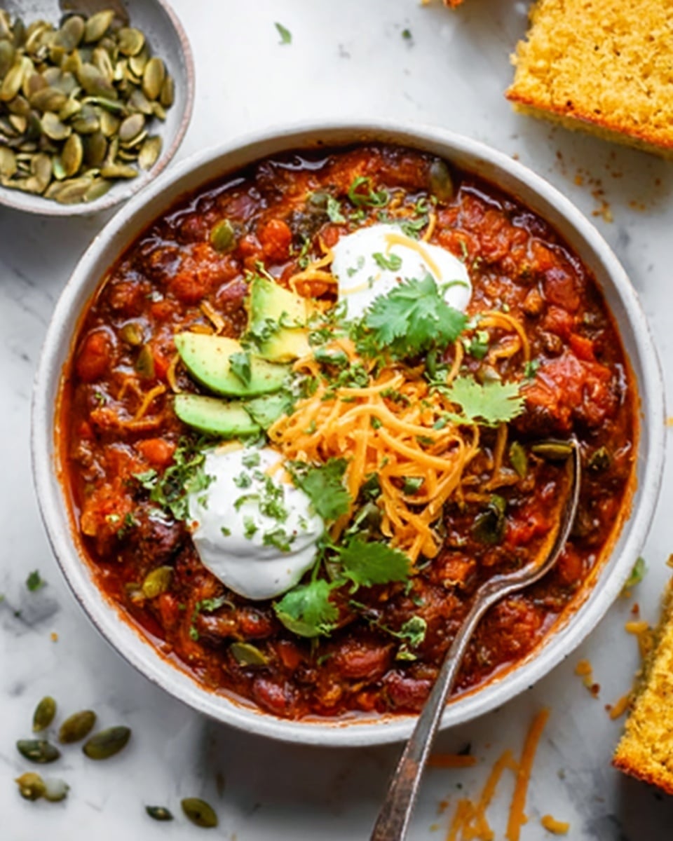 A white bowl filled with a thick chili made of beans and tomato sauce topped with shredded orange cheese, dollops of white sour cream, slices of green avocado, and a few sprigs of fresh cilantro. The bowl is on a white marbled surface, with a spoon inside the bowl and a few pumpkin seeds scattered nearby. Cornbread is partially visible at the corner, showing a golden-brown texture. The overall scene has a warm, homey feel with contrasting rich reds, greens, and creamy whites. Photo taken with an iphone --ar 4:5 --v 7