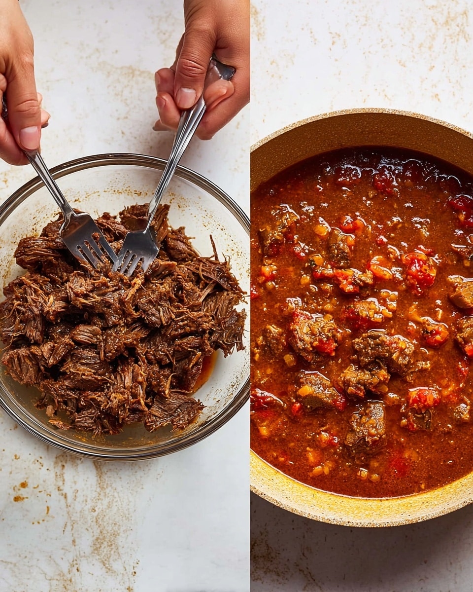 The left side of the image shows two woman's hands using forks to shred dark brown, cooked beef with visible muscle fibers and small pieces of red tomatoes mixed together in a clear glass bowl. On the right side, the beef is simmering in a beige pan filled with a thick, reddish-brown sauce containing chunky bits of meat and tomato, creating a rich stew look. Both scenes are set on a white marbled surface with some small splashes and stains around the bowl and pan, emphasizing the cooking process. Photo taken with an iphone --ar 4:5 --v 7