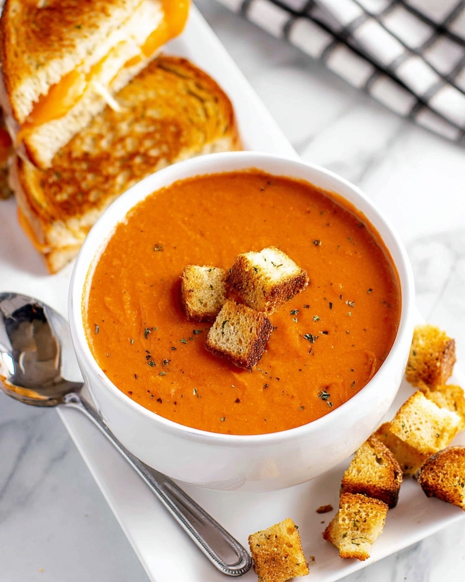 A white bowl filled with smooth, orange-brown tomato soup with green herb specks, topped with three toasted golden-brown croutons with darker charred edges, placed on a white marbled surface with a spoon nearby and a piece of toasted bread blurred in the background, photo taken with an iphone --ar 4:5 --v 7