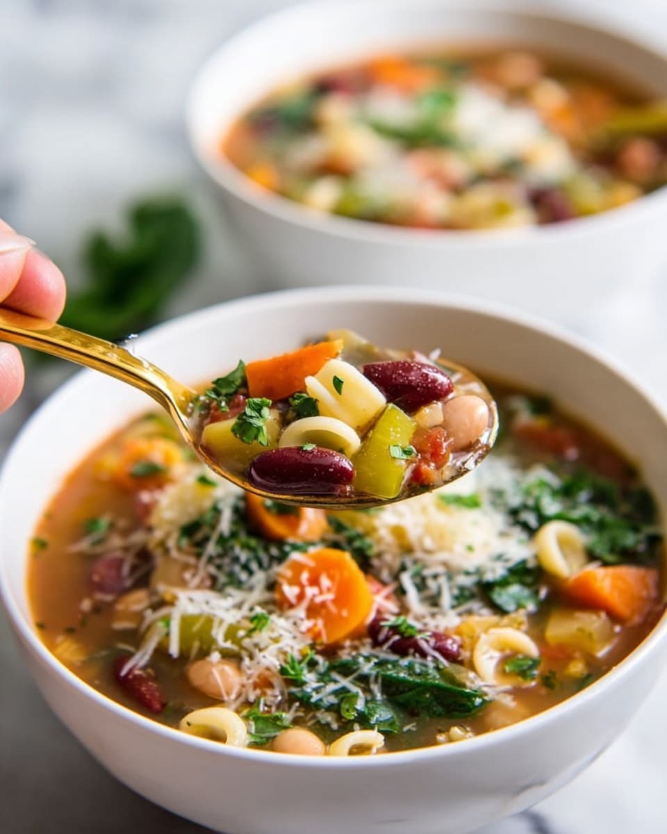 The image shows two white bowls filled with colorful vegetable soup placed on a round, dark metal tray over a wooden surface with a white marbled background. Each bowl contains a rich broth with visible layers of ingredients including bright orange carrot chunks, dark red kidney beans, creamy white beans, spiral pasta, fresh green spinach leaves, and slices of green zucchini. The soup is topped with a light sprinkle of shredded white cheese and some herbs. To the side, there is a small white bowl filled with finely chopped green herbs and a gold spoon resting on a white cloth with green and beige patterns. The photo taken with an iphone --ar 4:5 --v 7