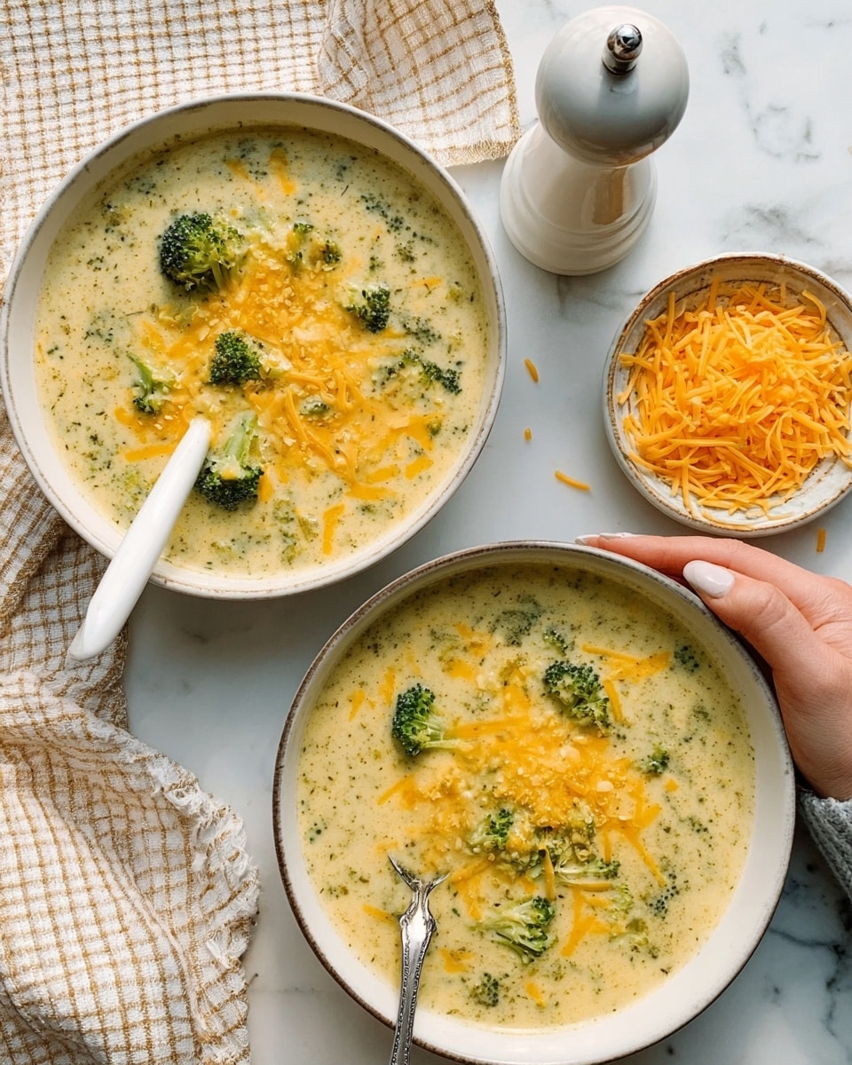 The image shows two white bowls filled with creamy broccoli soup, each topped with a layer of melted golden cheese and small green broccoli pieces visible through the cheese. One bowl features a white spoon resting inside, and the other bowl has a woman's hand holding its edge. Beside the bowls is a small white bowl filled with shredded orange cheese. The scene is set on a white marbled surface, with a white pepper grinder and a white and beige checkered cloth adding subtle details in the background. The overall look is warm and inviting, with a mix of creamy, cheesy, and green textures. Photo taken with an iphone --ar 4:5 --v 7