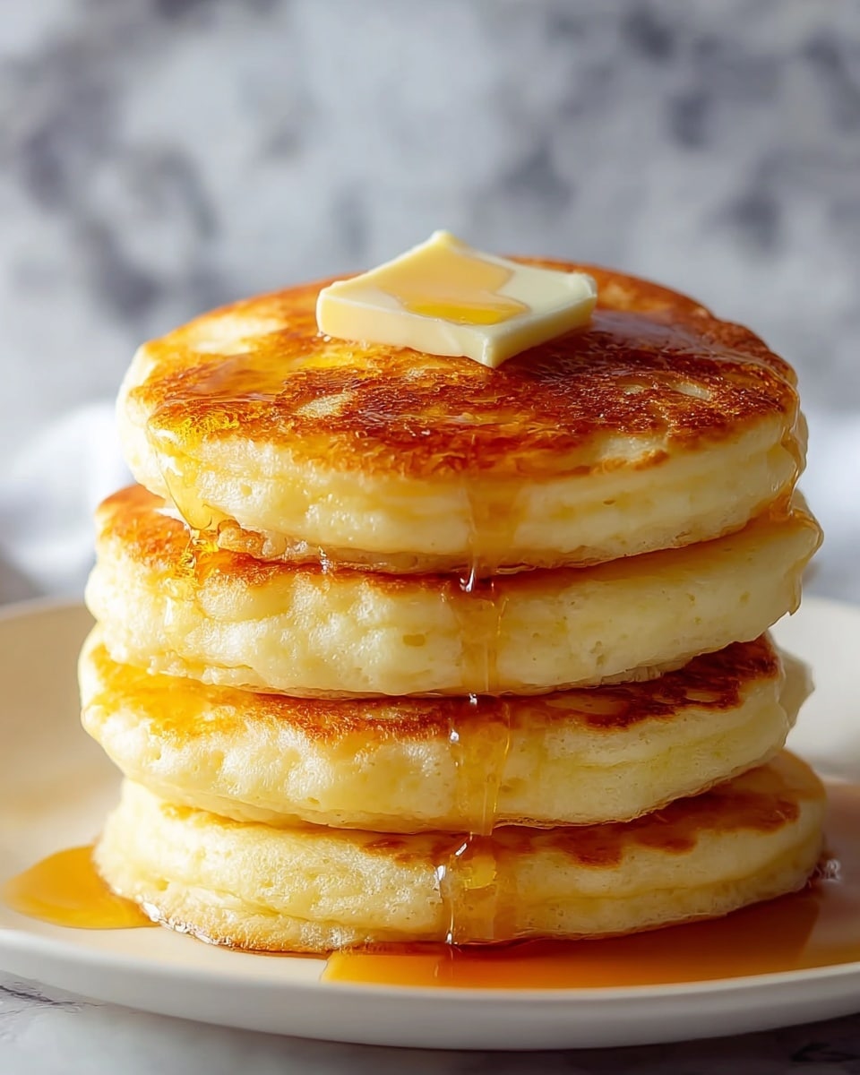 A stack of four thick, golden brown pancakes is placed on a white plate, each pancake showing a slightly uneven, soft texture around the edges. The top pancake has a square piece of melting butter that glistens as golden syrup slowly drips down the sides of the stack, pooling slightly on the plate. The background features a blurred, white marbled texture that makes the pancakes the main focus of the image. photo taken with an iphone --ar 4:5 --v 7
