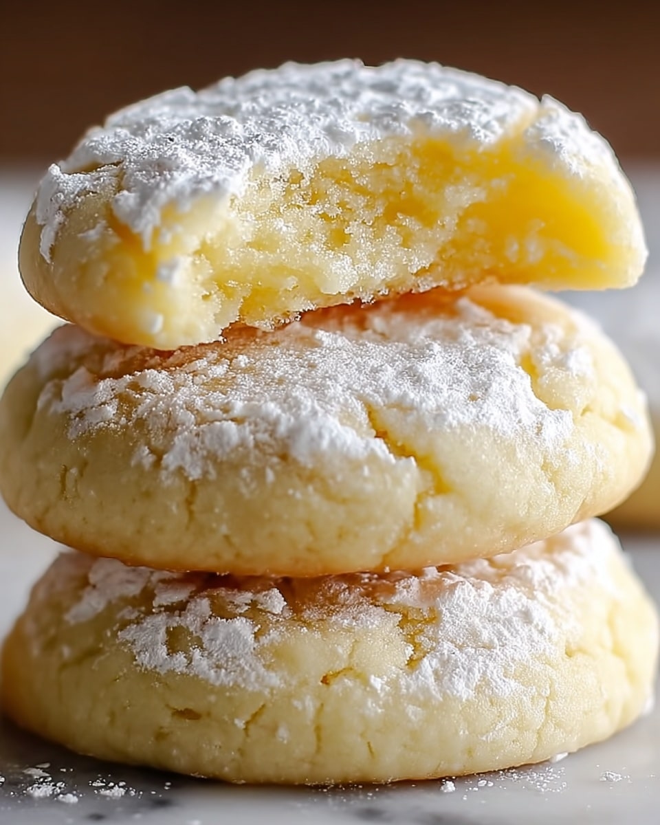 A close-up image of a stack of three soft, round cookies with a pale yellow color and a slightly cracked surface, each cookie is dusted with a light layer of white powdered sugar on top. The top cookie has a bite taken out of it, revealing a moist, gooey inner texture. The cookies appear thick and tender, stacked directly on a white marbled surface, with good natural lighting highlighting their smooth yet slightly crumbly edges. Photo taken with an iphone --ar 4:5 --v 7