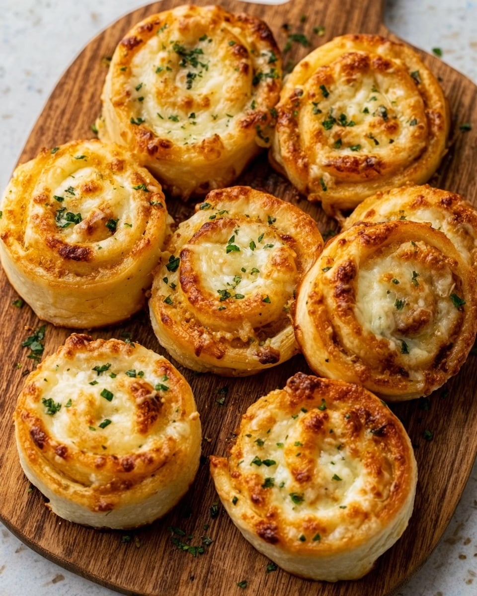 The image shows eight golden-brown cheese rolls arranged closely together on a wooden board. Each roll has a spiral shape with visible layers of soft dough and melted cheese, which is creamy and lightly browned on top. Small green herb pieces are sprinkled over and around the rolls, adding a touch of color. The wooden board contrasts with the white marbled texture surface underneath. Photo taken with an iphone --ar 4:5 --v 7