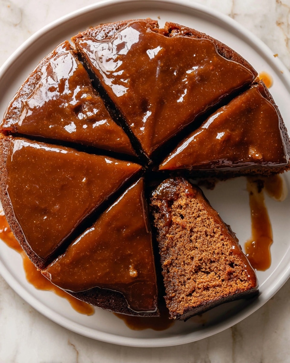 The image shows a round, dark brown cake covered with a smooth, glossy caramel glaze. The cake is sliced into seven triangular pieces, with one piece slightly lifted to reveal a moist, dense, and textured cake crumb inside. The caramel glaze drips slightly over the edges of the slices, sitting on a white plate placed on a white marbled surface. The overall look is rich and sticky, with the glaze giving a shiny finish to the cake photo taken with an iphone --ar 4:5 --v 7