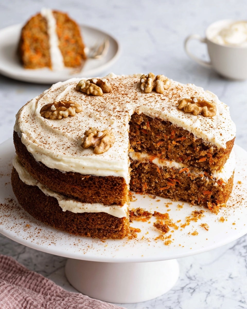 A two-layer carrot cake with a thick layer of white cream cheese frosting between and on top is shown on a white cake stand. The cake layers are golden brown with visible bits of orange carrot inside, and the frosting is smooth and creamy with a dusting of cinnamon or cocoa powder sprinkled evenly over the top. Six walnut halves are placed around the edge of the top layer for decoration. Crumbs from the cake are scattered on the cake stand below the cut slice, and in the background, a single slice of the same cake with visible frosting between layers sits on a white plate. The whole scene is set on a white marbled surface with a soft pink cloth nearby. photo taken with an iphone --ar 4:5 --v 7