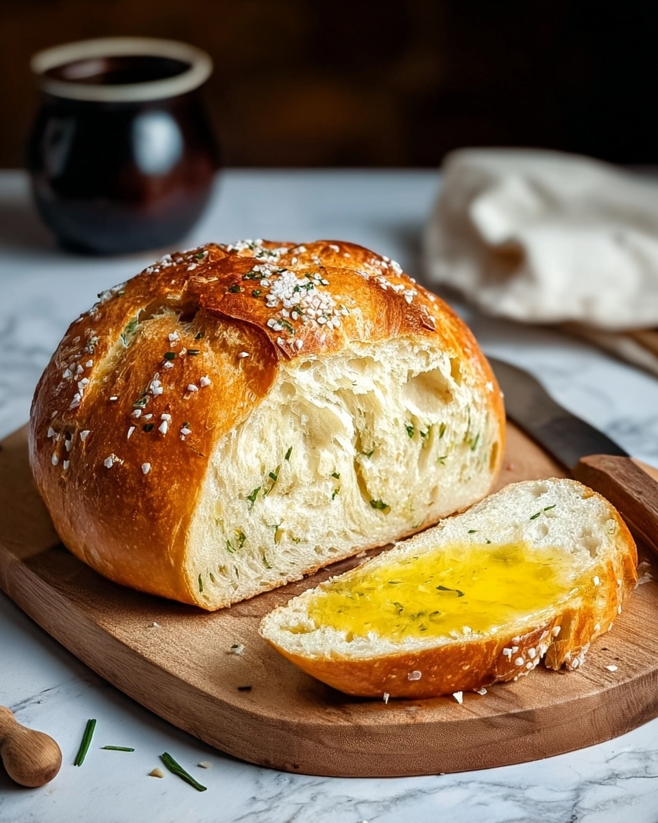 The image shows a round loaf of bread, golden brown with a shiny crust sprinkled with coarse salt and small seeds, cut open to reveal a soft, porous inside with hints of green herbs. In front of the loaf, a single slice of bread lies flat on a wooden board, topped with a pool of melted yellow butter. To the right of the board, there is a knife with a wooden handle resting on the surface. The background features a blurred dark jar and a white cloth, all set on a white marbled texture. photo taken with an iphone --ar 4:5 --v 7