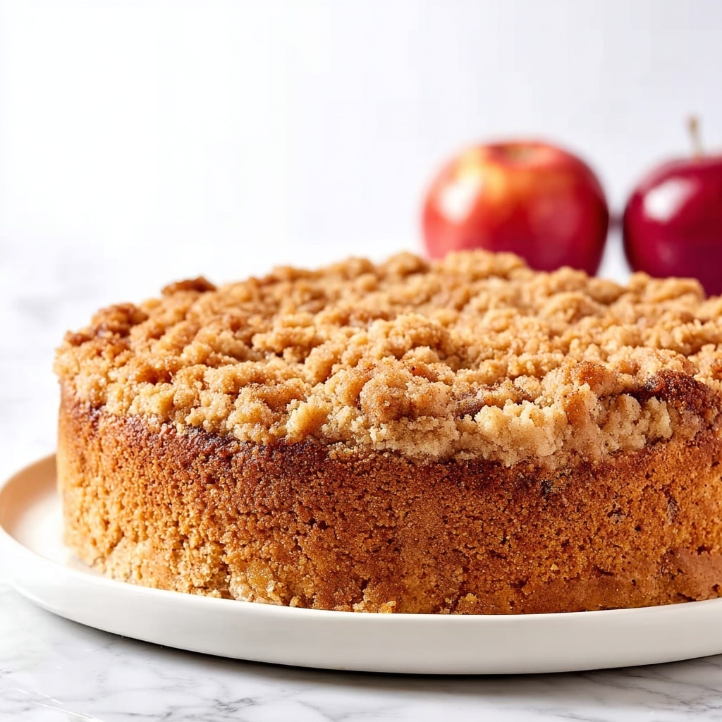 The image shows a round apple crumb cake with two distinct layers visible: a thick, dense light brown cake base with a smooth texture and a crumbly, golden-brown topping with irregular small pieces on top. The cake is placed on a white plate on a white marbled surface. In the background, two red apples with some yellow patches are slightly out of focus, adding a fresh and natural element to the image. photo taken with an iphone --ar 4:5 --v 7