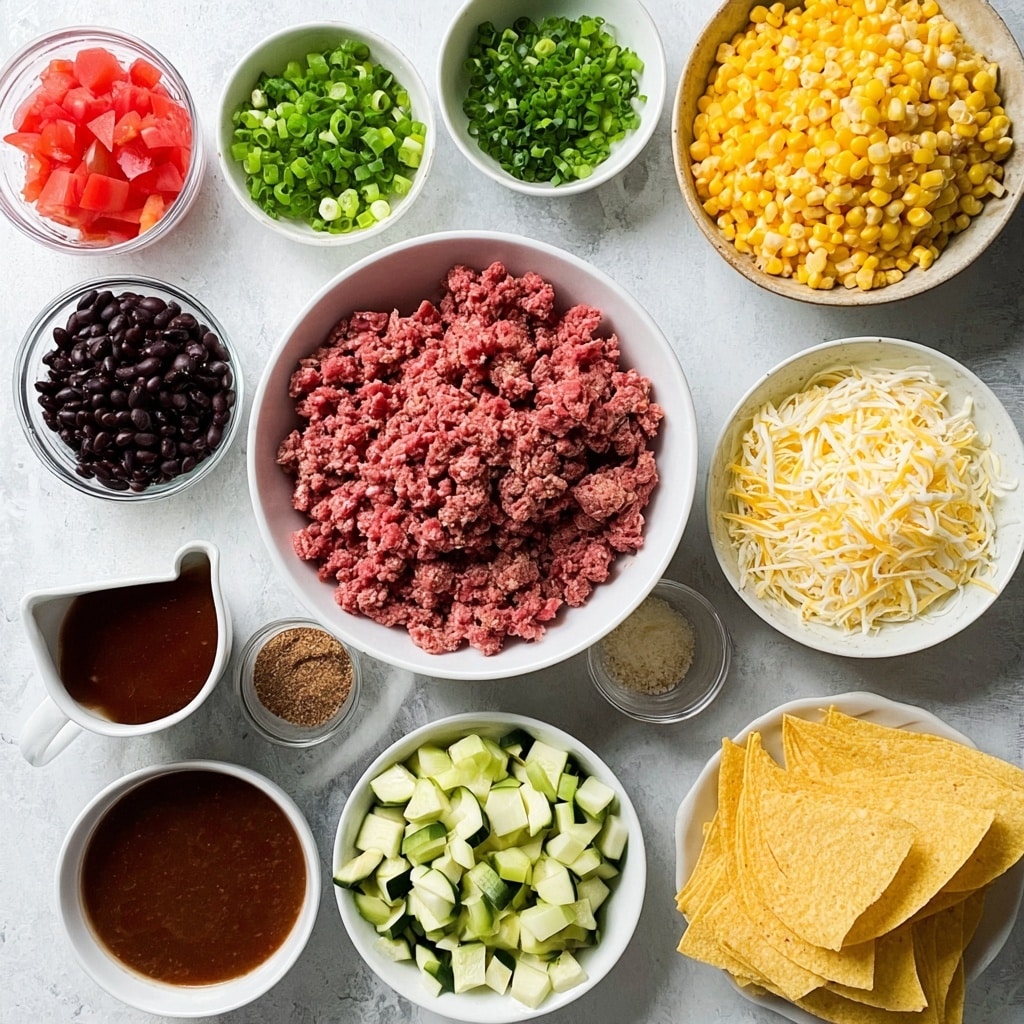 The image shows a white marbled table with several white bowls and a white colander arranged in a loose circle. In the center is a large white plate with raw ground beef, bright red and textured. Above it, a large white bowl filled with shredded yellow and white cheese, soft and stringy. To the left is a medium white bowl with diced green zucchini, cubed and fresh, and above it a white bowl with finely chopped red tomatoes. Next to the tomatoes is a small white plate holding four different spices: black, brown, light tan, and dark red powders, each in separate small piles. To the right of the cheese is a small white bowl filled with chopped green onions. Below the beef, a white colander holds black beans, smooth and shiny, while to its left is a white bowl with frozen yellow corn kernels. There are two small white bowls filled with sliced green onions with some yellow ends near the bottom left. A clear measuring cup with brown liquid is placed at the bottom left. To the far left side, there is a stack of triangular yellow corn tortillas laid out flat. Everything is placed on a clean white marbled surface. photo taken with an iphone --ar 4:5 --v 7
