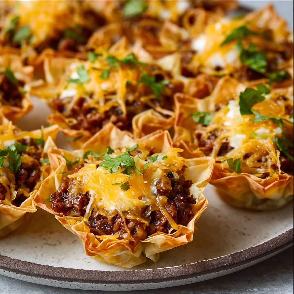 The image shows several mini taco cups arranged closely together in a white dish. Each cup has a crispy, golden-brown shell holding a layered filling: the bottom layer is browned ground beef, topped with melted white cheese, then a layer of melted orange cheese, and sprinkled green herbs on top. The texture is crunchy on the edges of the shells and gooey with the melted cheese inside. The close-up view highlights the shiny melted cheese and fresh herbs. The background is a white marbled texture. Photo taken with an iphone --ar 4:5 --v 7