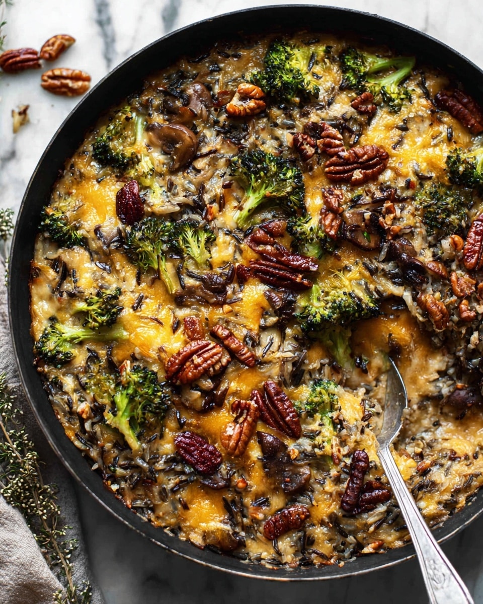 The dish is a baked casserole presented in a black skillet on a white marbled background. It has a mix of wild rice and small pieces of broccoli scattered throughout. Dark brown mushrooms and pecan nut pieces are spread over the top, adding texture. There are melted cheese patches with a golden brown color covering part of the surface, creating a slightly crispy top layer. The overall look is hearty and textured with a mix of green, brown, and yellow colors. A silver spoon is partially buried in the dish on the right side. Photo taken with an iphone --ar 4:5 --v 7