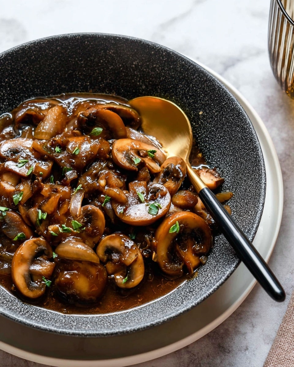 The image shows a bowl filled with cooked mushrooms and onions in a rich brown sauce, with small green herb leaves sprinkled on top. The mushrooms are sliced and have a shiny, soft texture, while the onion pieces are larger and slightly translucent. The bowl is a speckled dark gray, set on a white plate beneath it. A gold and black spoon rests inside the bowl on the right side. The whole setting sits on a white marbled surface with a glass partially visible to the right. photo taken with an iphone --ar 4:5 --v 7