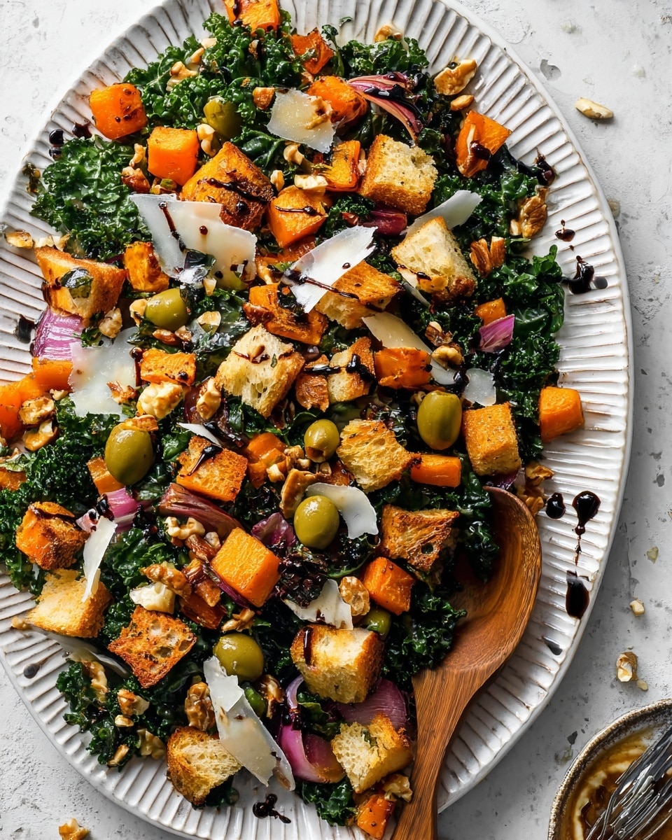A rustic salad is presented on a white plate with ridged edges, layered first with dark green kale leaves that have a slightly wrinkled texture. On top of the kale, there are scattered orange roasted cubed squash and chunks of golden-brown toasted bread with a crunchy texture. Purple roasted onion pieces add a pop of deep color, while halved green olives offer a smooth, round appearance. Small roughly chopped nuts are sprinkled throughout, adding a crunchy texture. Thin, uneven white cheese shavings are spread over the salad, and the entire dish has a light drizzle of dark balsamic glaze. A wooden spoon rests partially under the salad along one side of the plate. The plate sits on a white marbled texture surface. Photo taken with an iphone --ar 4:5 --v 7