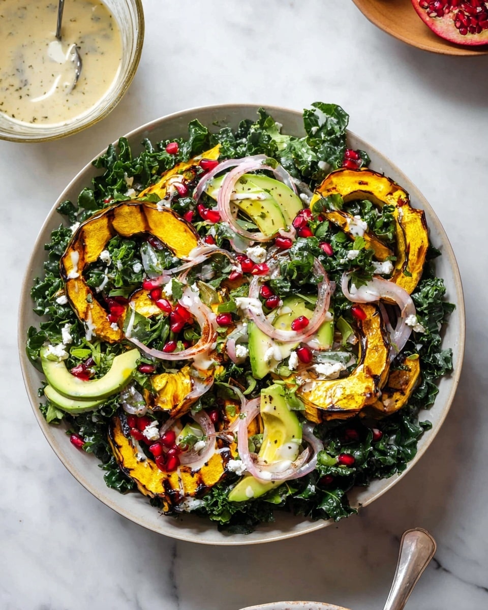A white bowl filled with dark green kale leaves forms the base layer, topped with bright yellow roasted squash slices that have a charred texture around the edges, arranged all over the salad. Scattered among the squash are creamy green avocado slices with a smooth texture and red pomegranate seeds that add small bursts of color. Thin, pale pink pickled onion rings are spread across the dish, along with white crumbled cheese sprinkled evenly on top. The salad is garnished with fresh green herbs and a light drizzle of a creamy dressing that glistens slightly. In the corner, there is a glass bowl with similar dressing and a spoon resting inside, all set on a white marbled surface. photo taken with an iphone --ar 4:5 --v 7