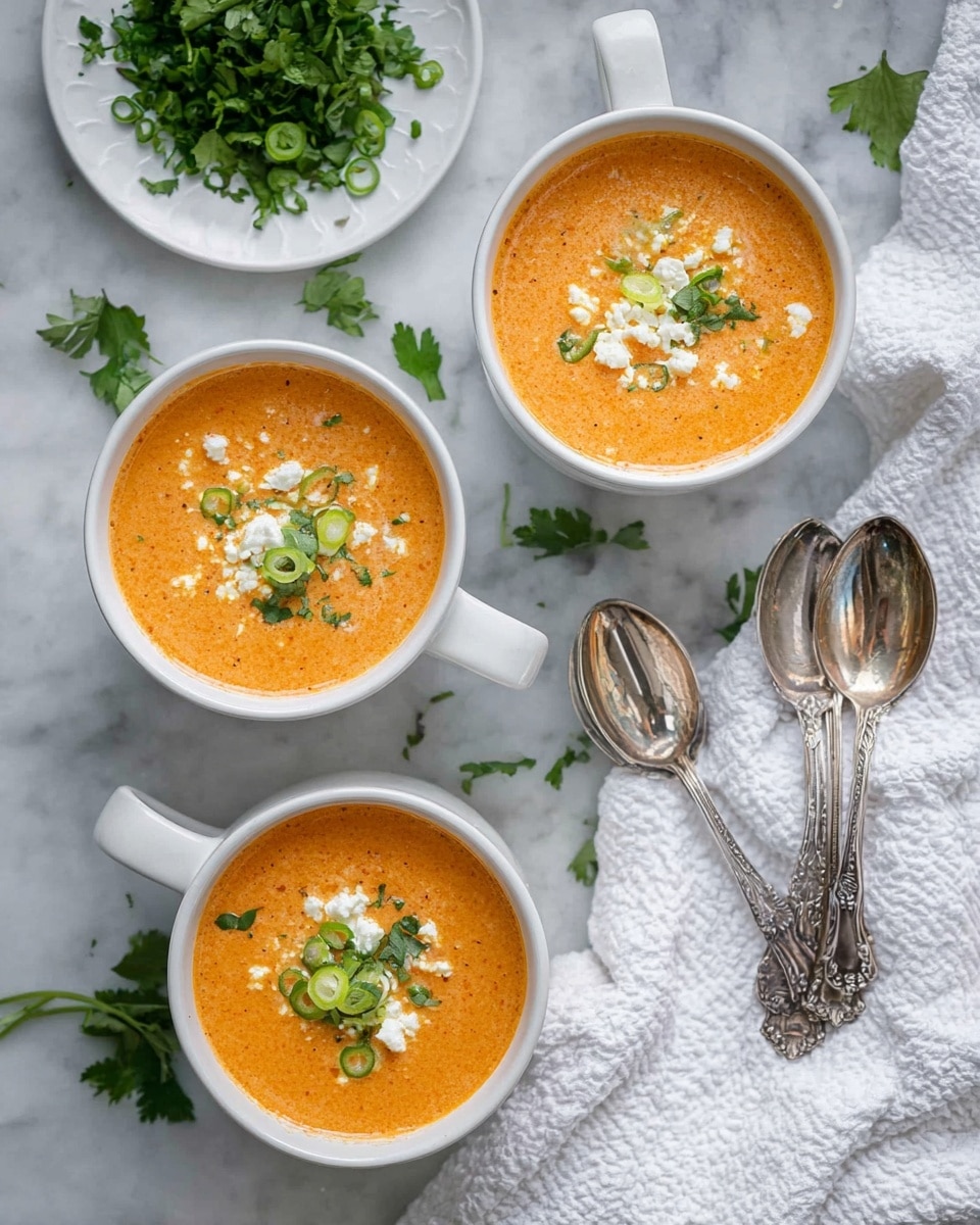 Three white ceramic mugs filled with creamy orange soup sit on a white marbled surface. Each mug has a smooth, rich orange soup inside, topped with small white cheese crumbles, green chopped herbs, and thin slices of green chili. Two ornate silver spoons rest near the mugs – one above and one to the right – reflecting light. To the left, a white plate holds fresh, finely chopped green herbs. A soft white textured cloth is casually placed next to the plate, adding warmth to the scene. Some loose green herb leaves are scattered around the mugs, enhancing the fresh look. photo taken with an iphone --ar 4:5 --v 7