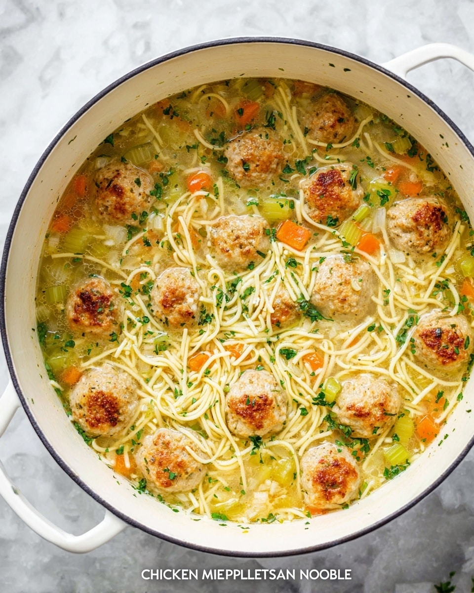 A white pot filled with chicken meatball noodle soup shows about three layers: the top layer has small golden-brown chicken meatballs with a slightly crispy texture, scattered evenly across the soup; the middle layer contains thin yellow noodles mixed thoroughly, spread throughout the pot; the bottom layer is a light clear broth with small diced orange carrots and green celery pieces, all sitting in a white marbled surface background. Fresh green herbs are sprinkled on top, adding a touch of color contrast. photo taken with an iphone --ar 4:5 --v 7