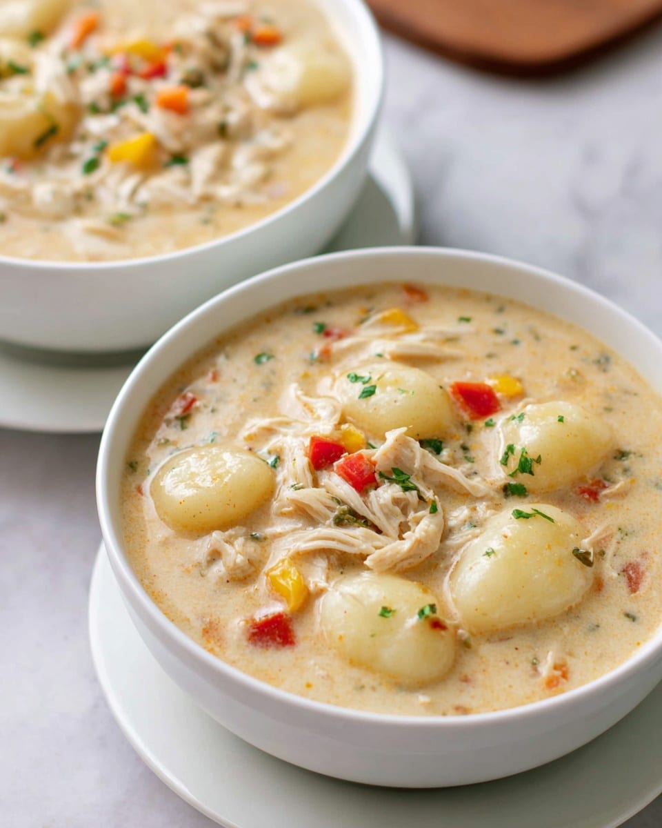 Two white bowls filled with thick, creamy soup sit on a white marbled surface. Each bowl contains a soup with soft, pale gnocchi as the first visible layer, alongside tender shredded chicken pieces and small chunks of orange, yellow, and red bell peppers mixed evenly throughout. The soup has a smooth, light beige broth that looks rich and comforting. Tiny green herb bits are sprinkled on top, adding a touch of freshness and color contrast to the creamy texture. The bowls rest on white saucers, enhancing the clean and simple presentation. photo taken with an iphone --ar 4:5 --v 7