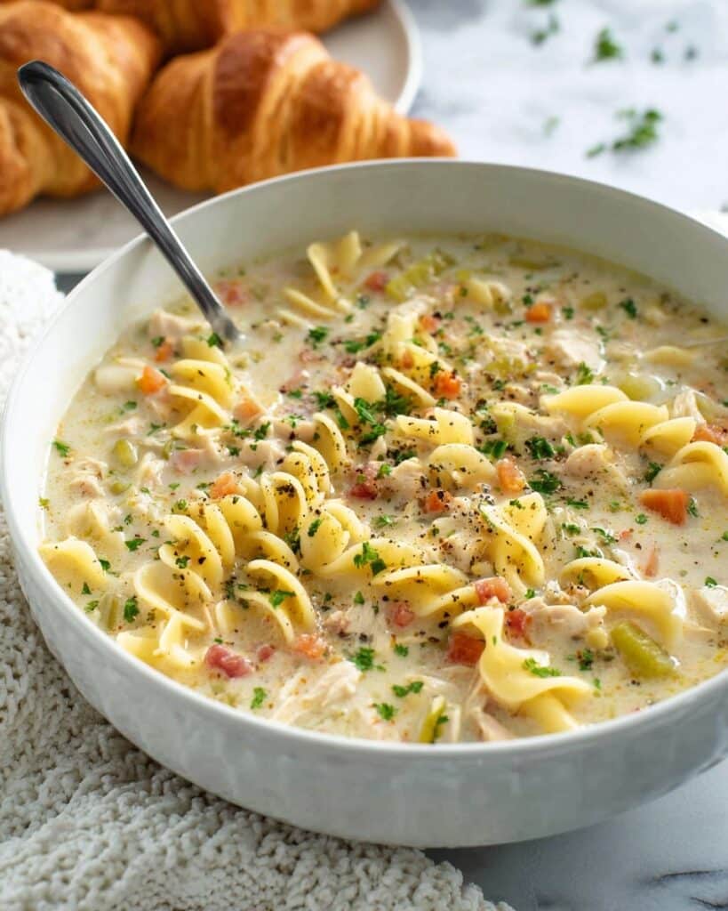 Creamy Chicken Noodle Soup with Pancetta Recipe
