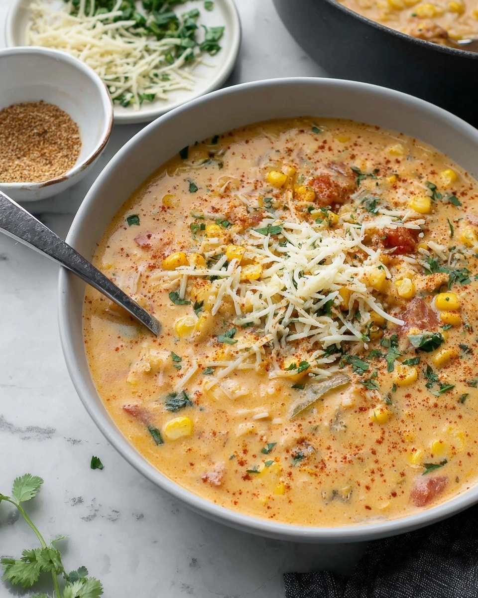 The image shows a deep white bowl filled with creamy corn chowder, featuring visible pieces of yellow corn, small green herbs, and chunks of red tomato blended in the thick light orange soup base. On top of the chowder is a generous layer of shredded white cheese sprinkled with a reddish spice. A silver spoon rests partly in the chowder on the left side of the bowl. In the background, there is a small white bowl with a brownish spice mix and a plate with scattered green herbs and shredded cheese, all set on a white marbled surface. photo taken with an iphone --ar 4:5 --v 7