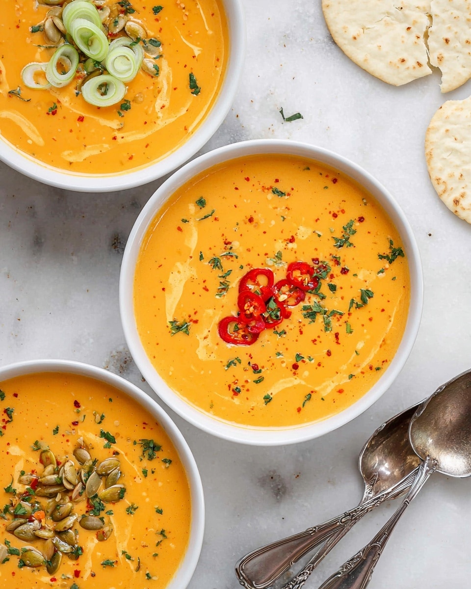 Three white bowls are filled with creamy orange soup, each bowl having a smooth texture with drizzles of white cream swirled on top. The first bowl is decorated with small red chili flakes and three thin slices of red and green chili pepper placed at the center. The second bowl has finely chopped green onions and a sprinkle of fresh green herbs on top. The third bowl is topped with toasted pumpkin seeds and scattered green herb pieces. The bowls are set on a white marbled textured surface, with a white cloth partially visible under the bowls. On the left and right sides, there are pale herb-cooked crackers placed casually beside the bowls. photo taken with an iphone --ar 4:5 --v 7