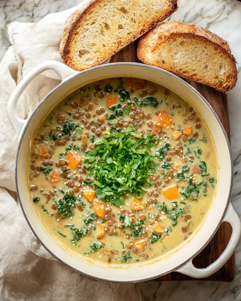 A white pot filled with creamy lentil soup, showing three main layers: a light beige creamy broth base with green kale pieces and small brown lentils throughout, orange chunks of carrots mixed in, and topped centrally with a bright green garnish of chopped green onions and cilantro. Two slices of toasted bread with golden-brown crusts rest behind the pot. The pot sits on a white marbled surface with a light beige cloth loosely placed to the left and lower right side. Photo taken with an iphone --ar 4:5 --v 7