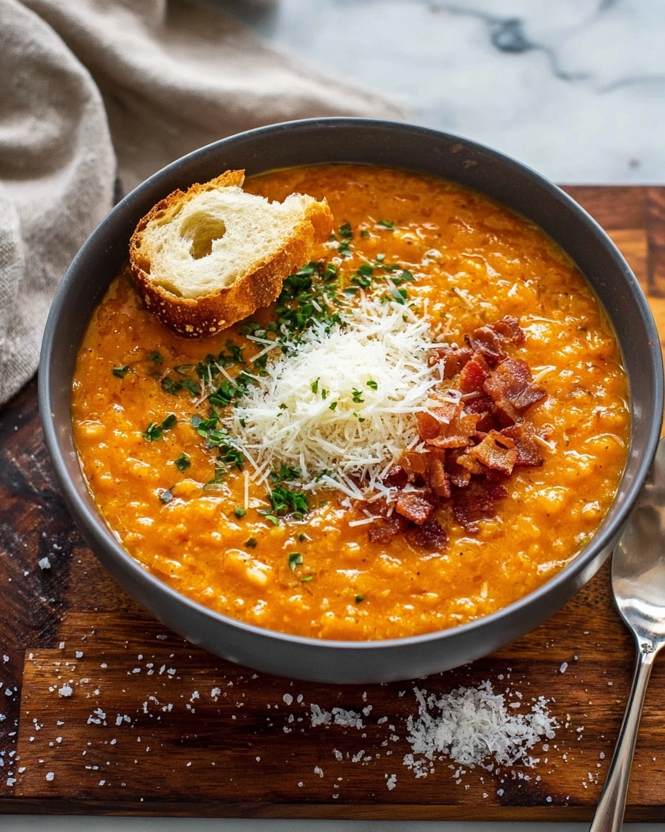 A bowl filled with a thick, creamy orange soup that has a slightly chunky texture. On one side of the bowl, there is a small piece of torn bread resting on the soup's surface. One section of the soup is topped with finely chopped green herbs, another part has crispy brown bacon bits, and the other side is covered with a generous layer of grated white cheese. The bowl is placed on a wooden board with some crumbs and salt scattered nearby, all set on a white marbled surface. Photo taken with an iphone --ar 4:5 --v 7