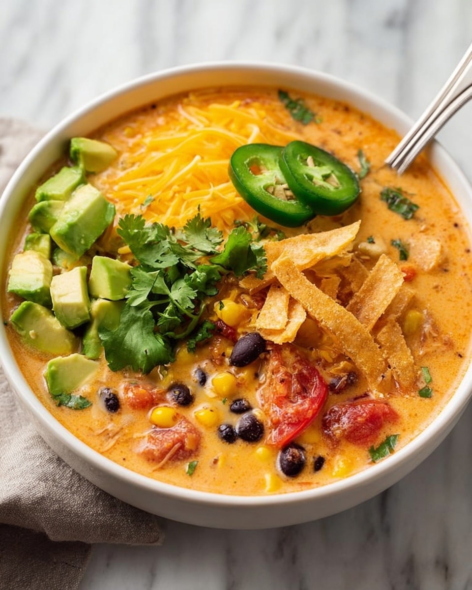 A white bowl filled with creamy orange soup that has visible pieces of black beans, corn, and red tomatoes throughout. On top, there are several layers: chopped green avocado cubes scattered near the center, light golden crispy tortilla strips stacked in the middle, a pile of bright yellow shredded cheese on the left side, two thick slices of dark green jalapeño resting on fresh green cilantro leaves near the edge. The bowl is set on a white marbled surface with a spoon placed inside the soup on the right side. photo taken with an iphone --ar 4:5 --v 7
