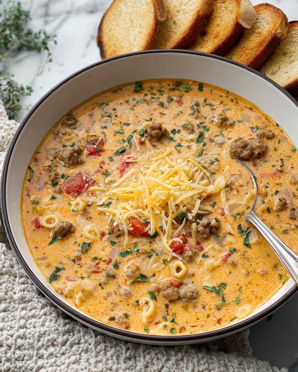 The image shows a creamy soup served in a white bowl with a thin dark rim, filled almost to the top. The soup has a rich, orange-tan base mixed with small chunks of browned sausage and bits of green herbs scattered throughout. There are pieces of diced tomatoes and tiny pasta bits in a pale yellow color dispersed evenly in the soup. On the center of the soup's surface, there is a pile of shredded light-yellow cheese. A silver spoon is partially submerged in the soup on the left side of the bowl. In the background, three slices of toasted bread are placed on a white marbled surface next to the bowl, and the entire scene rests on a light-colored knitted cloth with some greenery peeking from the left edge. Photo taken with an iphone --ar 4:5 --v 7