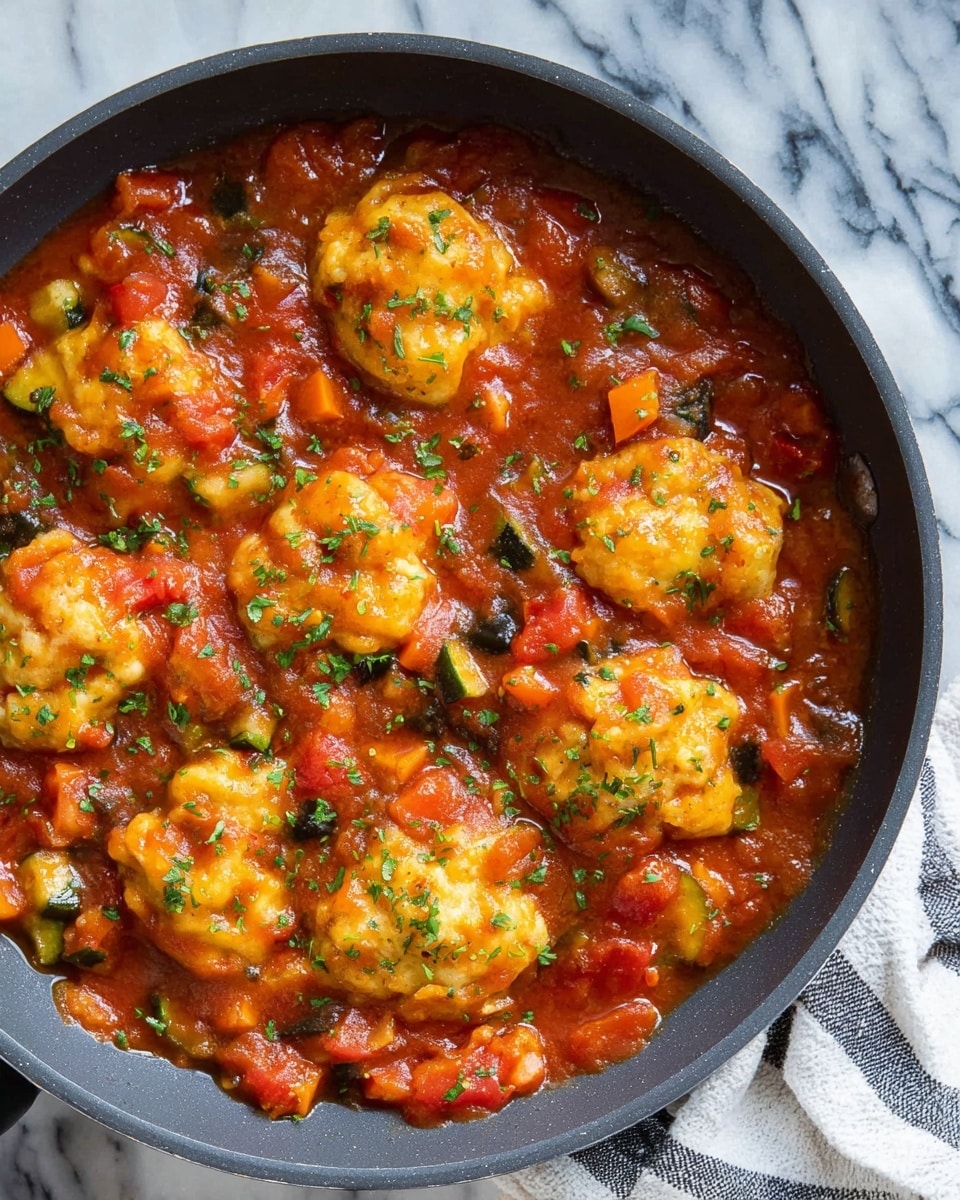 A round black pan filled with a thick stew featuring several pieces of light golden brown dumplings scattered on top. The stew is deep red with visible chunks of diced red and yellow bell peppers, black olives, and herbs mixed throughout. The dumplings have a soft, doughy texture with uneven surfaces, contrasting with the smooth, chunky sauce. The pan is placed on top of a striped black and white cloth, and a silver spoon and fork are placed beside it on a white marbled surface. photo taken with an iphone --ar 4:5 --v 7