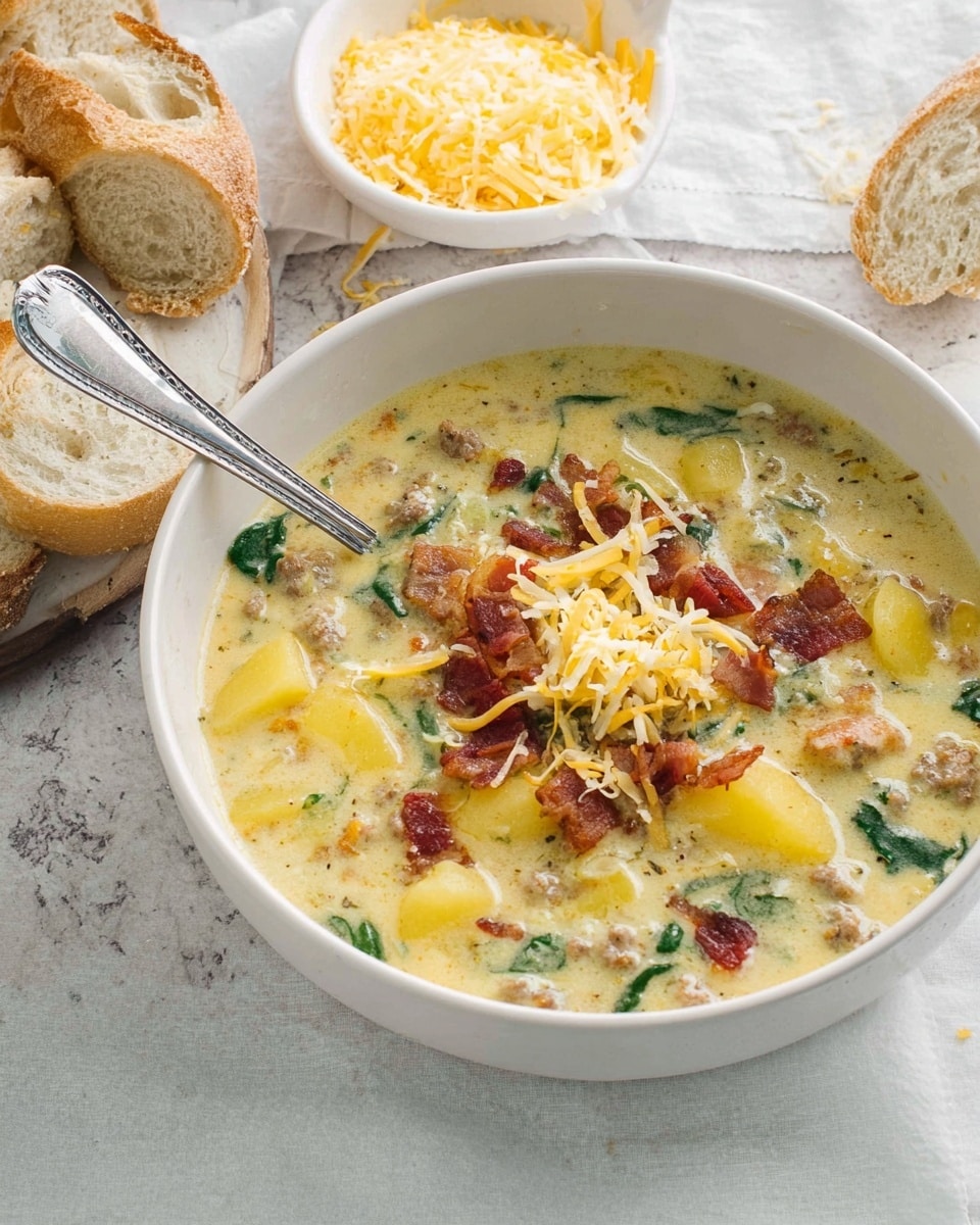 A white bowl filled with creamy soup containing several layers of ingredients: a base layer of light yellow, creamy broth mixed with chunky pieces of sausage and spinach, topped with yellow potato slices scattered around; a middle layer with bits of cooked bacon adding a reddish-brown contrast, sprinkled over the soup; and a top layer of shredded light yellow cheese resting on the bacon pieces. A silver spoon is placed inside the bowl on the left side. In the background, there is a white bowl filled with shredded cheese and pieces of rustic bread placed to the left on a white marbled surface. The entire scene is soft and bright. Photo taken with an iphone --ar 4:5 --v 7