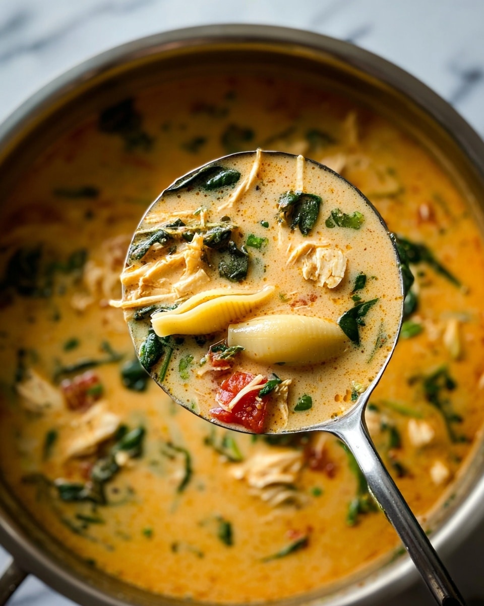 The image shows a close-up of a ladle holding a creamy soup with three main layers: a smooth light orange broth covering most space, dark green leafy spinach pieces scattered throughout, and pieces of light beige shredded chicken along with small red tomato chunks floating in the broth. The ladle also contains two pieces of shell pasta with a slightly yellow tone. The pot holding the soup is stainless steel, and the background surface visible around the pot has a white marbled texture. photo taken with an iphone --ar 4:5 --v 7