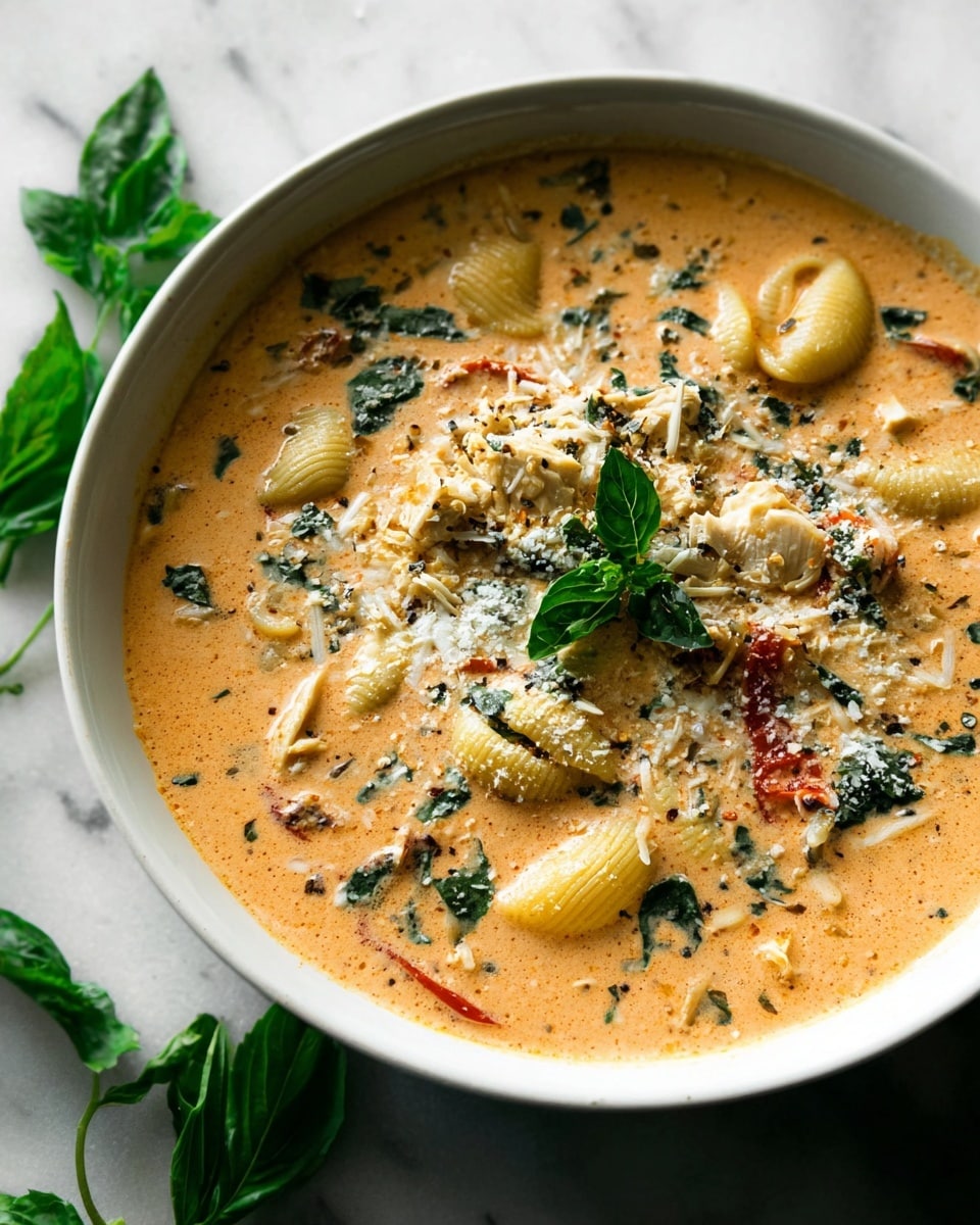 The image shows a white bowl filled with creamy soup that has a light orange color. Inside the soup, there are six shell-shaped pasta pieces, shredded white chicken, small green leafy herbs scattered throughout, and thin red slices that look like roasted peppers. The soup is topped with a sprinkle of white grated cheese and a small fresh green herb leaf in the center. The bowl is set on a white marbled surface with a few green leaves around it. Photo taken with an iphone --ar 4:5 --v 7