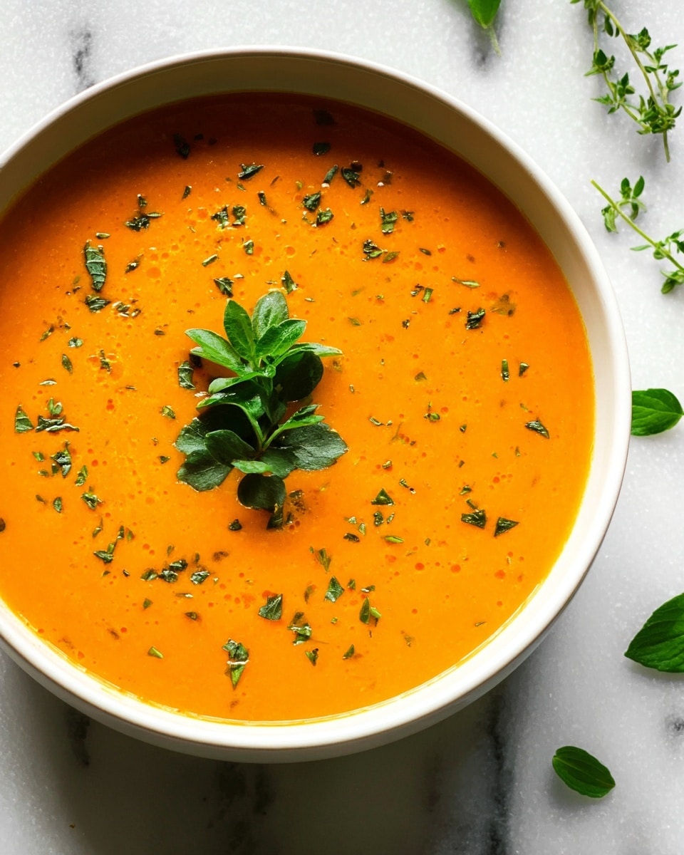 A white bowl filled with smooth, bright orange soup that looks creamy and thick. On the surface of the soup, small chopped green herbs are scattered evenly, with a small bunch of fresh green leaves placed in the center as garnish. The bowl is placed on a white marbled texture, and a few green herb leaves lie around the bowl. The lighting is bright, making the colors rich and clear. photo taken with an iphone --ar 4:5 --v 7