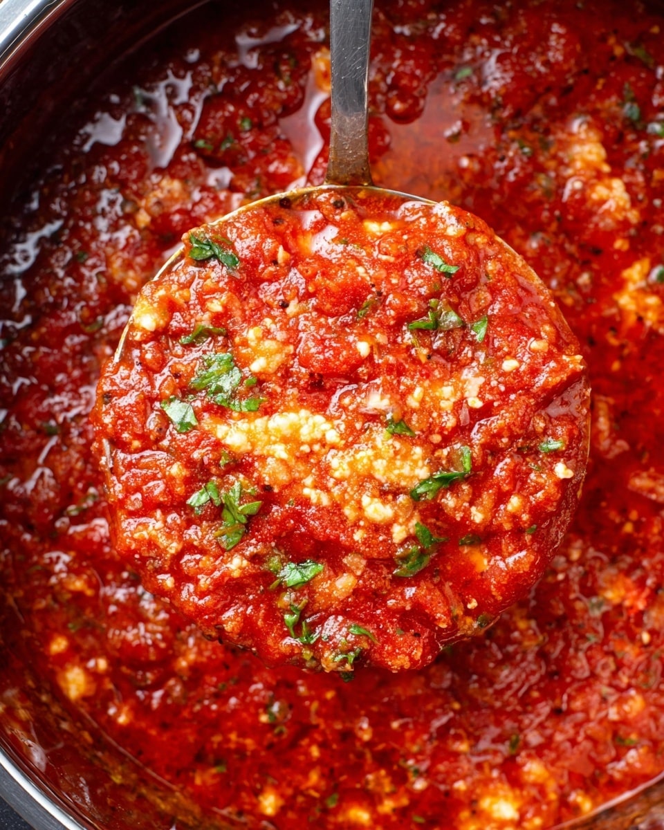 A close-up view of a thick red tomato sauce with a chunky texture, mixed with small white pieces of cheese and bits of fresh green herbs scattered on top, held in a large metal ladle above the pot. The sauce looks rich and oily with visible layers of red and white, making it look hearty and creamy. The pot has a shiny silver rim, and the sauce fills it almost to the top, showing the depth and thickness of the dish. photo taken with an iphone --ar 4:5 --v 7