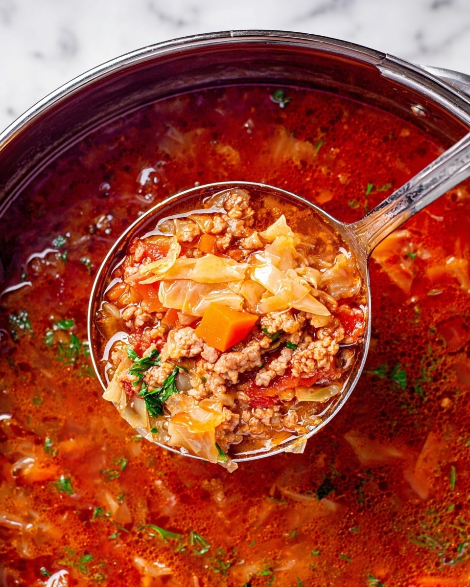 The image shows a close-up of a pot filled with a rich red soup made of several layers. The top layer is a shiny red broth with some oil and small green herb pieces floating on it. Inside the soup, there are layers of light brown cooked ground meat, soft pale yellow cabbage strips, and small chunks of bright orange carrots, all mixed together. A large silver ladle holds a scoop of the soup, clearly showing the textured layers of cabbage, meat, carrot, and bits of fresh green herbs. The surface beneath the pot is a white marbled texture. photo taken with an iphone --ar 4:5 --v 7