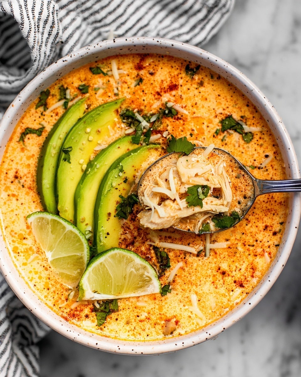 A bowl filled with a creamy orange soup that has a speckled surface of spices and herbs. On top, there are thin slices of bright green avocado arranged on one side, and two thin lime wedges placed near the edge of the bowl. Small bits of shredded white cheese and fresh green parsley leaves are scattered over the soup, adding texture and contrast. A spoon is held above the bowl, showing a scoop of the soup with visible shredded chicken, cheese, and a parsley leaf. The bowl is white with a slight speckle pattern, sitting on a white marbled surface, with a striped cloth visible in the background. photo taken with an iphone --ar 4:5 --v 7