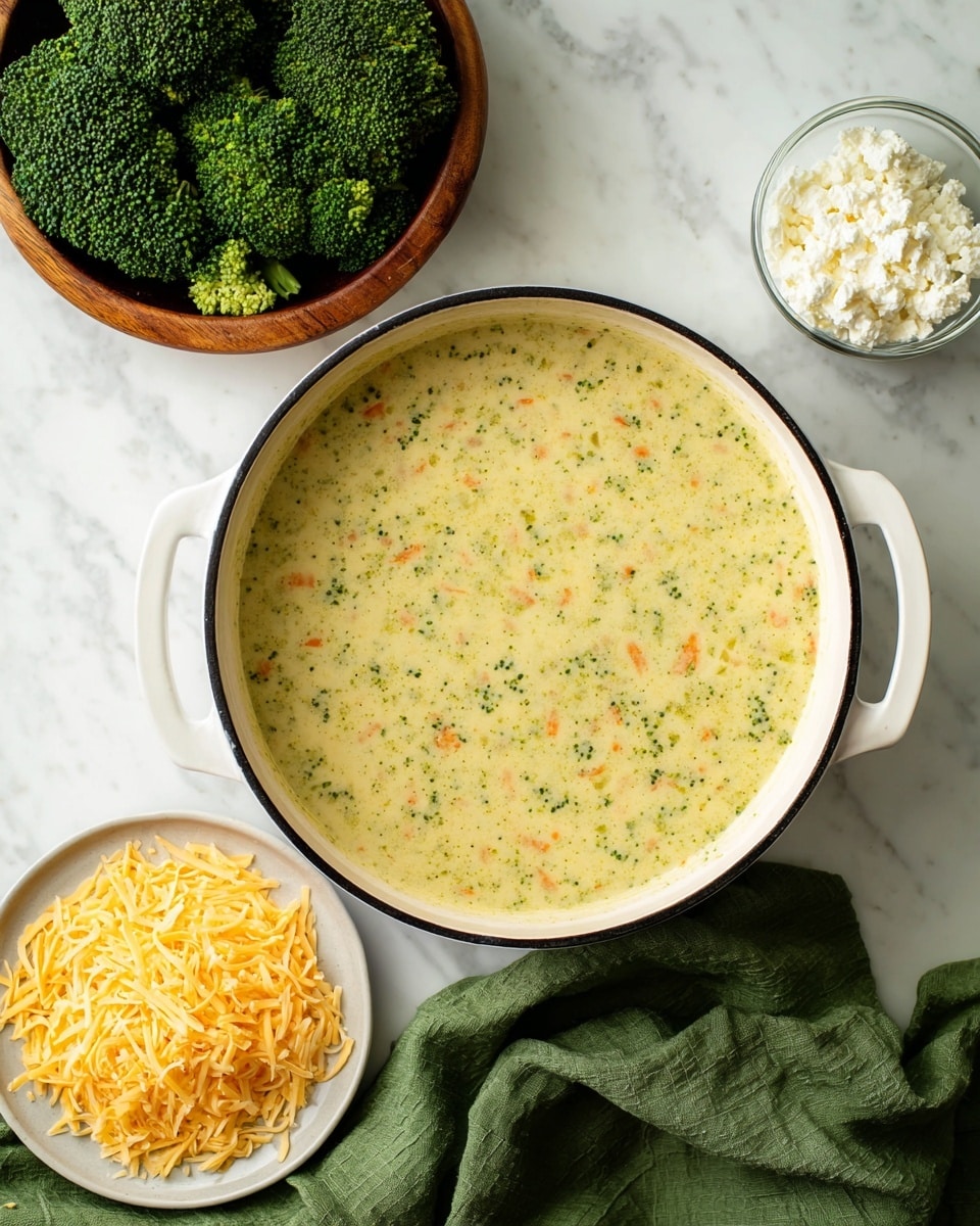 The image shows a white pot filled with creamy broccoli soup with a smooth texture and small green and orange bits spread evenly throughout. Around the pot, there is a white plate with shredded light yellow cheese on the lower right side and a small clear bowl with cottage cheese on the upper right side. On the upper left, there is a wooden bowl filled with fresh dark green broccoli florets, with one floret outside the bowl. A green cloth lies crumpled under the pot on the left side. All items rest on a white marbled surface. Photo taken with an iphone --ar 4:5 --v 7