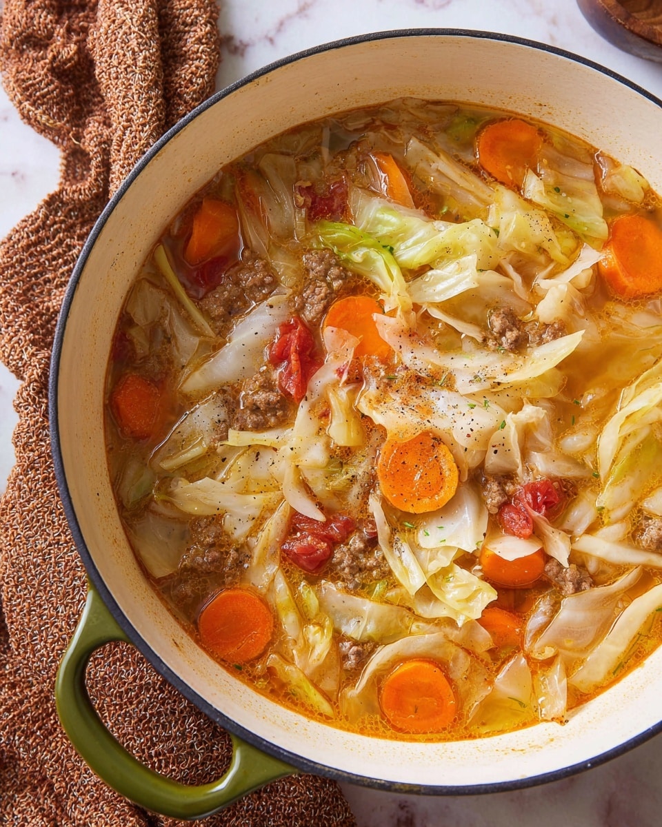 A large white enamel pot filled with a chunky cabbage soup, showing roughly three layers: the top layer with pale, soft cabbage leaves widely spread, coated with a light orange broth dotted with specks of black pepper; underneath more chopped bright orange carrot slices and small chunks of red tomato; at the base, small clumps of brown ground meat are visible mixed into the golden broth. The pot handle is olive green, placed on a white marbled surface with a textured brown cloth nearby. Photo taken with an iphone --ar 4:5 --v 7
