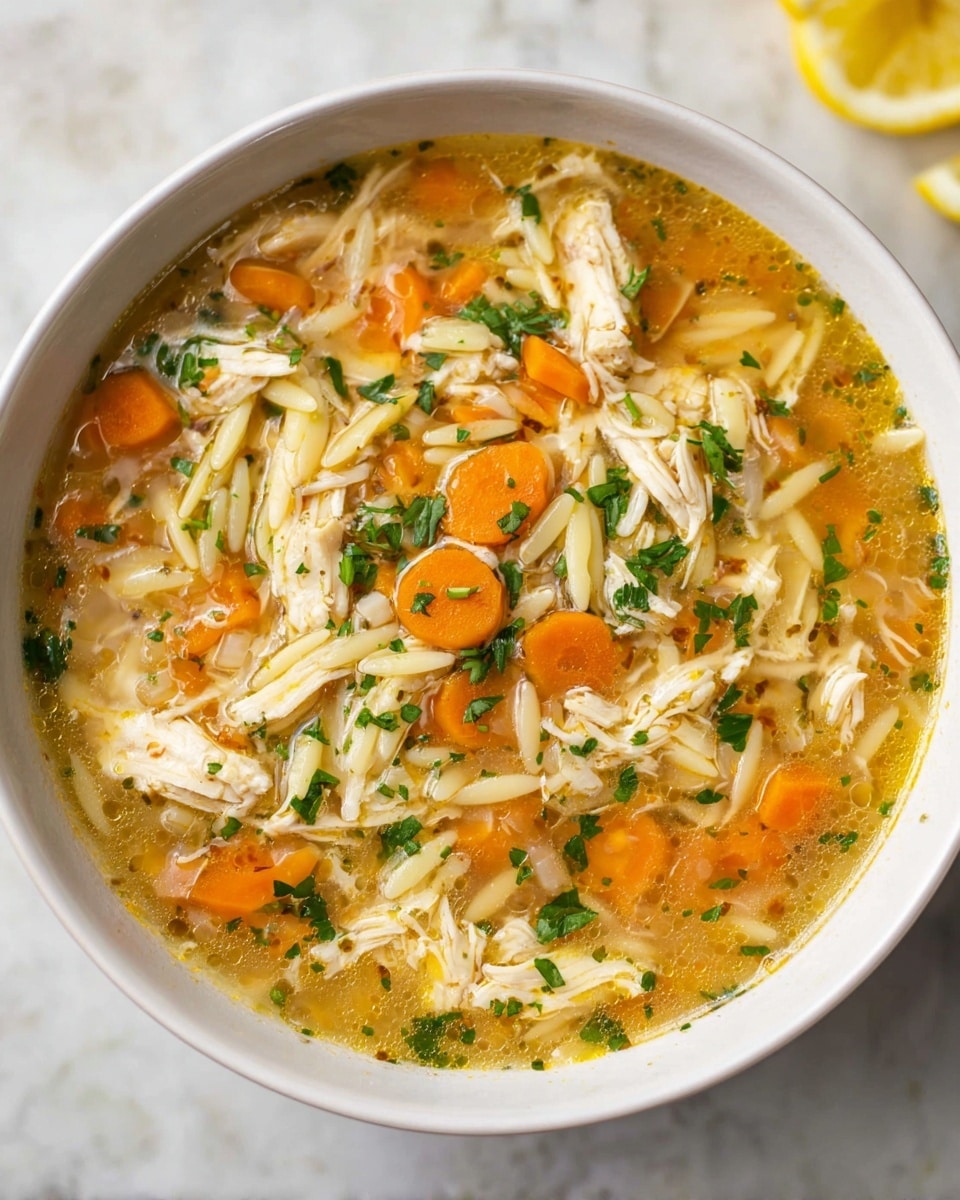 Two white bowls filled with a thick soup made of shredded chicken, small orange carrot slices, and orzo pasta in a light broth. The soup is garnished with finely chopped green herbs, scattered evenly throughout. One bowl is in the front with a gold spoon scooping a portion that includes chicken, carrots, and orzo, held by a woman's hand with red nail polish. The background features a white marbled surface and a checkered cloth on the side. photo taken with an iphone --ar 4:5 --v 7