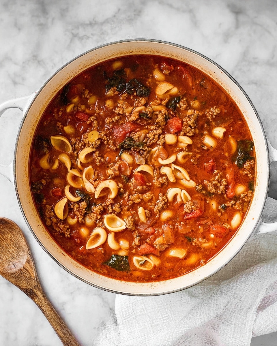 The image shows a large white pot filled with a hearty soup that has at least four visible layers. The base layer is a thick, reddish-orange broth. Mixed into this broth are small pieces of light brown ground meat, chunky red tomato bits, dark green vegetables, and light-colored shell pasta scattered evenly throughout. The texture looks rich and slightly chunky with vegetables and pasta floating within the broth. The pot is placed on a white marbled surface with a wooden spoon to the side resting on a white cloth. Photo taken with an iphone --ar 4:5 --v 7