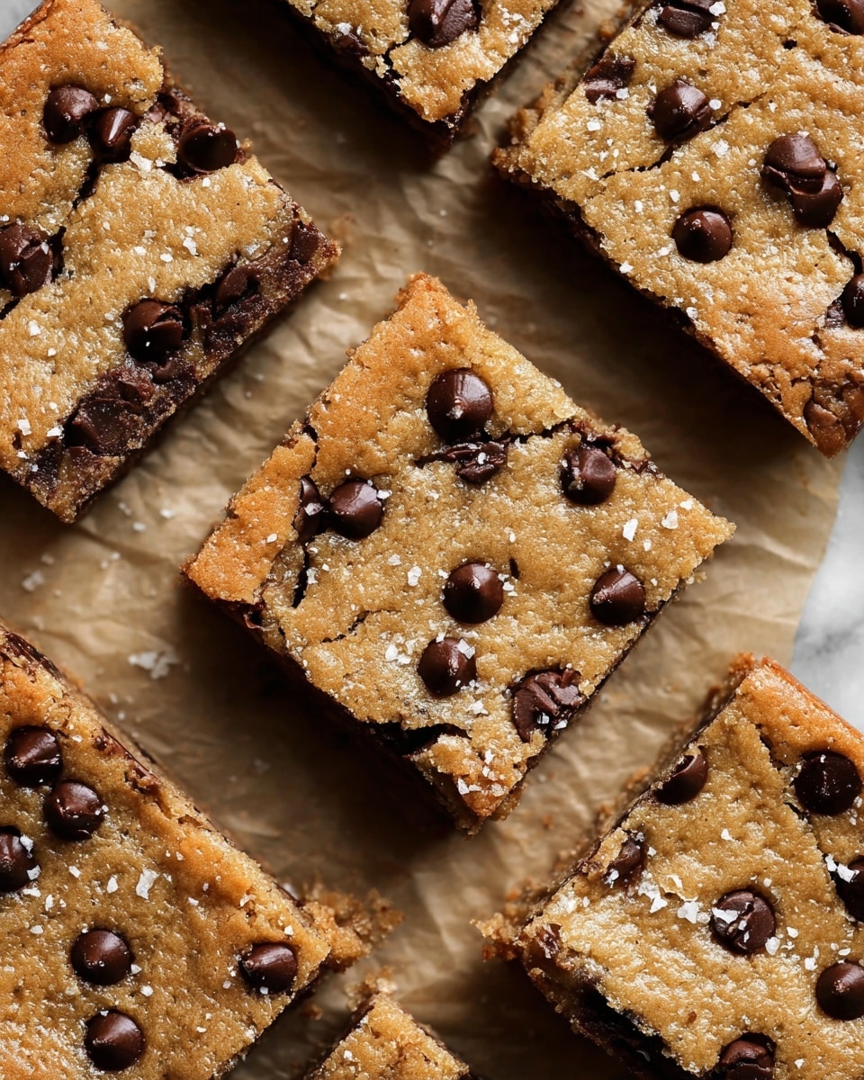 The image shows several square blondie bars arranged on a piece of light brown parchment paper, placed on a white marbled surface. Each blondie has a golden-brown top layer with a slightly shiny texture, dotted with semi-melted dark chocolate chips scattered evenly. The blondies have a thick, dense inner layer that is darker and moist looking beneath the golden top. Thin cracks run across the surface of each blondie, and some have small flakes of sea salt sprinkled on top. The edges are straight and clean, showing the dense texture inside. photo taken with an iphone --ar 4:5 --v 7