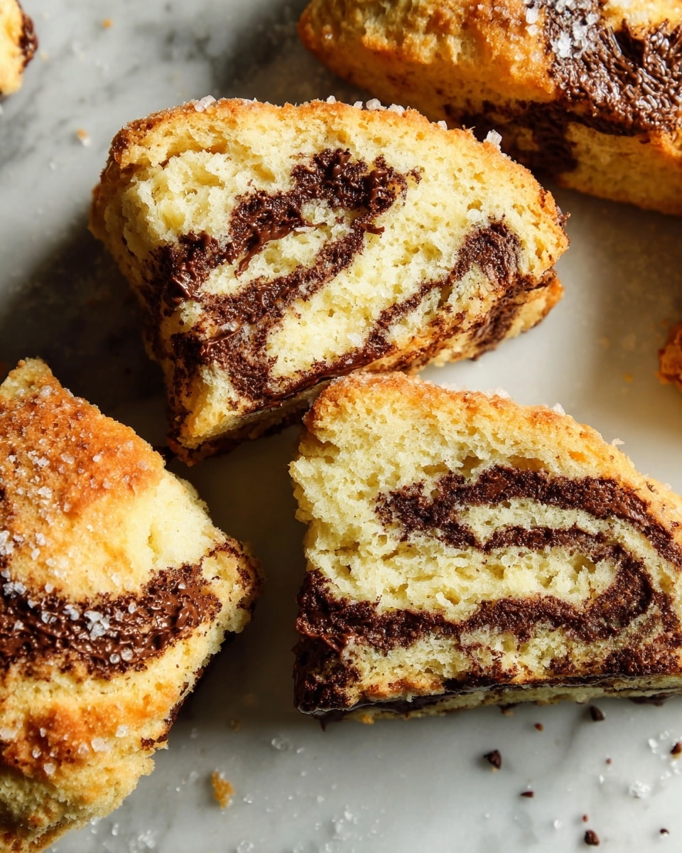 The image shows close-up slices of scones with two main layers: a golden-brown crust on the outside and a soft, light yellow inside with swirls of dark chocolate spread running through the middle. Each scone slice has a rough, crumbly texture with a mix of crispy and soft parts. The dark chocolate swirls contrast with the light dough, creating a marbled effect in the center. The scones are placed on a surface with a white marbled texture, and some coarse sugar crystals are scattered around. photo taken with an iphone --ar 4:5 --v 7