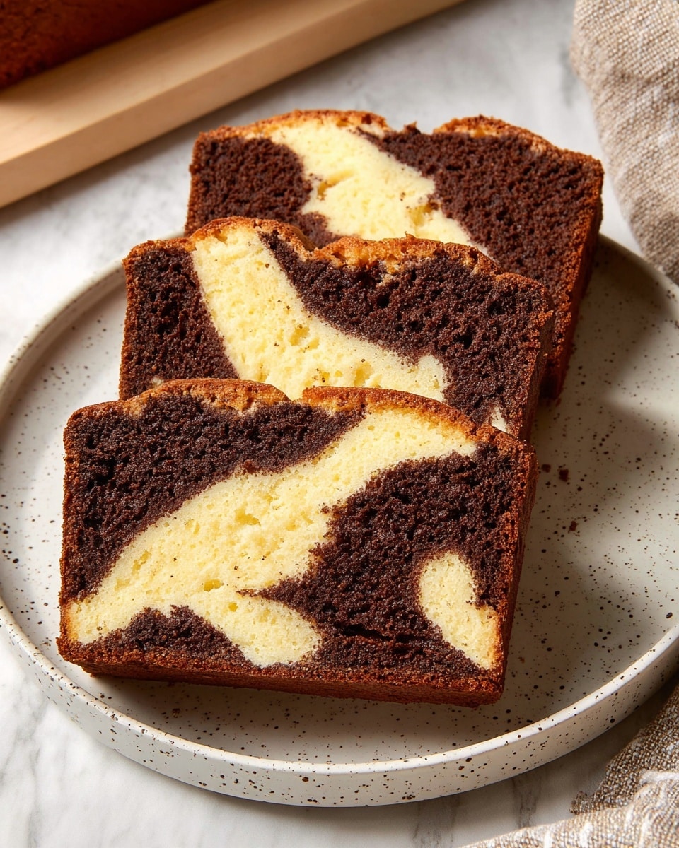 The image shows three slices of a two-layered loaf cake on a white speckled plate, placed on a white marbled texture surface. Each slice has a dark brown outer layer with a coarse texture that looks moist and slightly porous. The inside layer is creamy yellow, smooth, and evenly spread, running through the middle of the slice in a wavy pattern. The edges of the cake slices are firm and well-baked, showing a contrast between the dark brown and yellow layers. The background includes a soft cloth with neutral tones, adding a cozy feel to the scene. Photo taken with an iphone --ar 4:5 --v 7