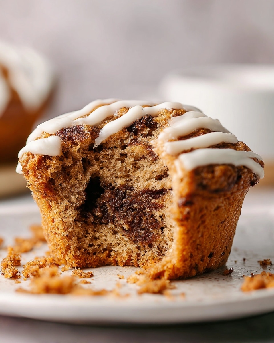 A close-up view of a partially eaten brown muffin with a soft, moist texture and a slightly cracked top, showing its crumbly inside filled with darker swirls. The muffin has a light drizzle of white icing on the top, creating a contrast with the dark brown surface. It sits on a white plate with some crumbs scattered around it, all placed on a white marbled table. The background is blurred, giving focus to the muffin in the middle of the image. photo taken with an iphone --ar 4:5 --v 7