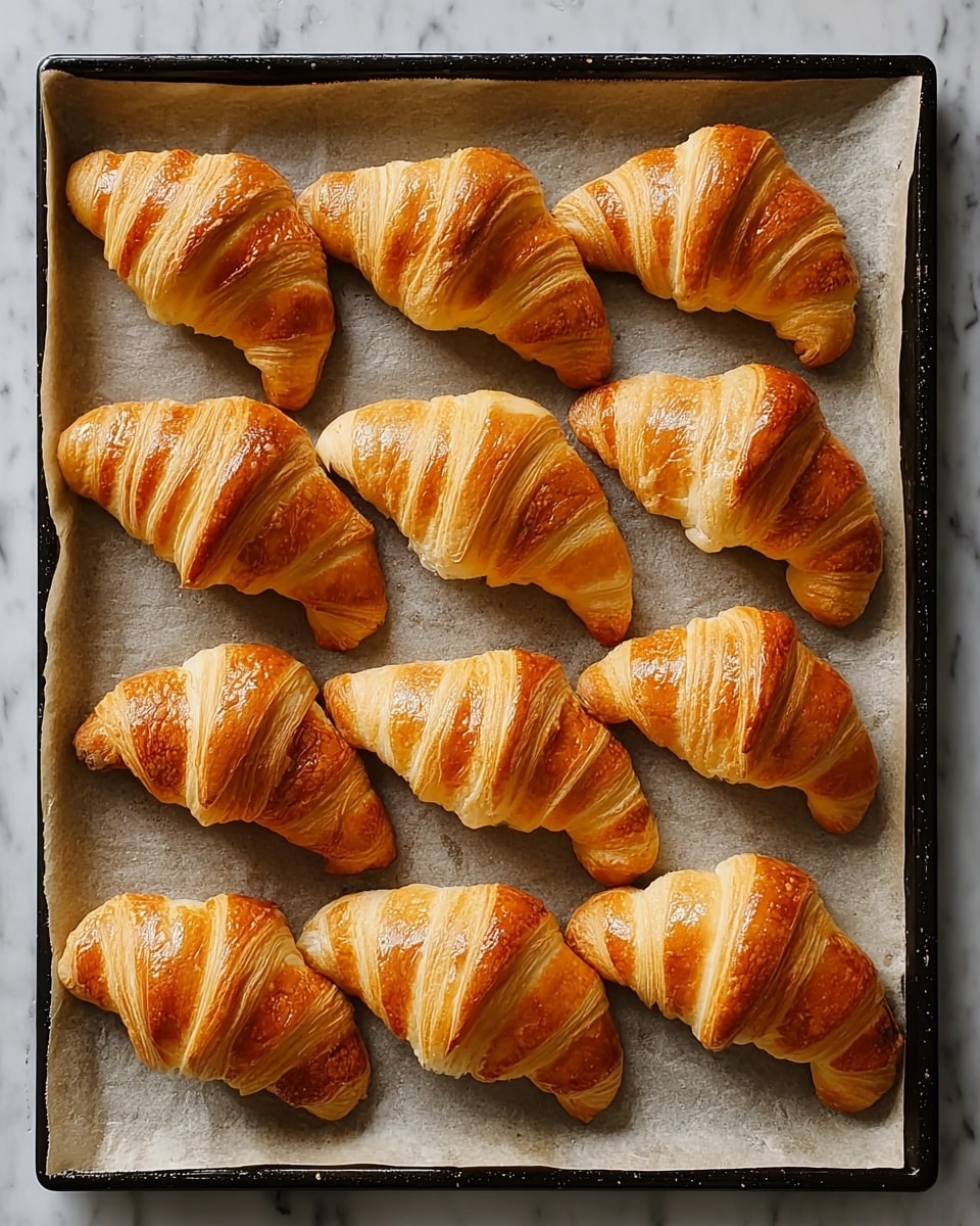 The image shows a baking tray lined with parchment paper, holding twelve golden brown croissants arranged in a 4 by 3 grid. Each croissant has a shiny, crisp outer layer with visible folds and a slightly darker brown top, while the underside remains a lighter, soft dough color. The croissants are plump and well-risen with a smooth, flaky texture, and the tray is placed on a white marbled surface. photo taken with an iphone --ar 4:5 --v 7