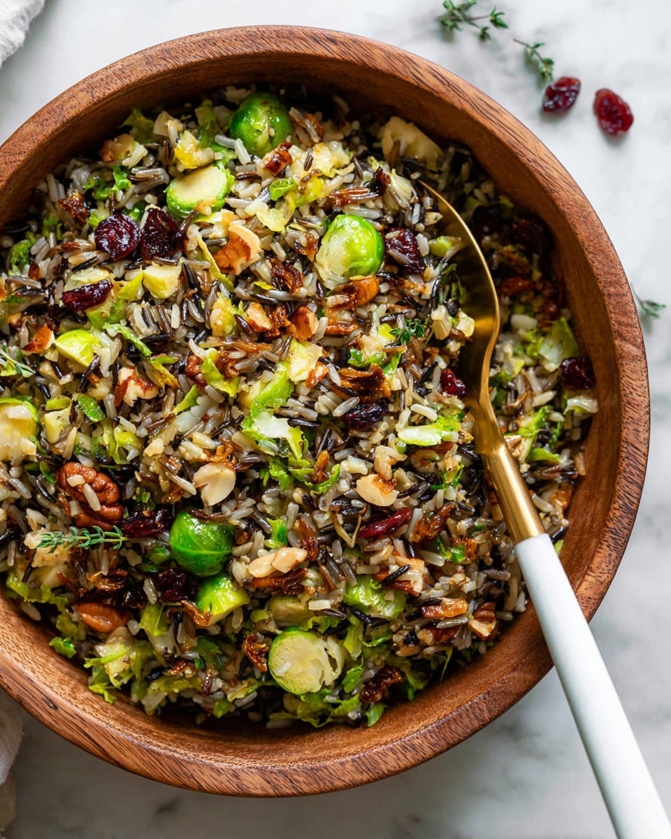 A wooden bowl filled with a colorful mixed salad that has multiple layers including cooked wild rice, small bright green Brussels sprout pieces, chopped celery, light beige nuts, and dark red dried cranberries, all mixed evenly. The textures vary from crunchy nuts to soft vegetables and rice, with some crispy toasted bits of Brussels sprouts visible on top. A white and gold utensil rests on the right side of the bowl on a white marbled surface. The overall look is fresh with earthy green, brown, and red tones spread throughout. Photo taken with an iphone --ar 4:5 --v 7