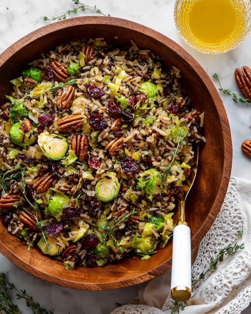 A large wooden bowl filled with a mixed rice salad that has many visible layers and textures—at the base there is wild rice and brown rice mixed with small chopped celery and onion pieces, topped with bright green roasted Brussels sprouts halves and slices. Scattered on top are small dark red dried cranberries and medium brown toasted pecan pieces, all garnished with fresh small thyme sprigs. A gold spoon with a white handle is partly placed inside the bowl on the right side. The bowl sits on a white marbled surface next to a small white cloth with lace trim and a small amber glass bowl with a yellow liquid. photo taken with an iphone --ar 4:5 --v 7
